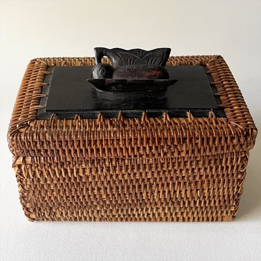 Vintage Handcrafted Woven Jewelry Box Wood Butterfly Lid